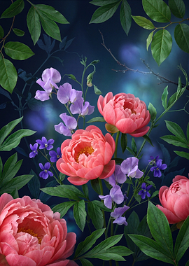 Coral Peonies and Purple Sweet Peas