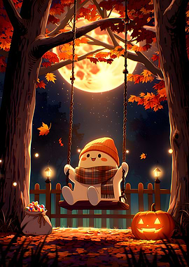 Cute Ghost Swinging on Autumn Night