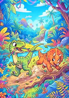 Cute Dinosaurs Playing in Jungle