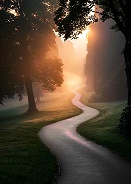 Winding Path Through Misty Forest