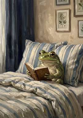 Frog Reading a Book in Bed