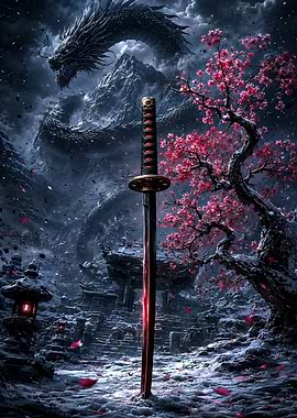 Katana Sword in Snowy Dragon Landscape