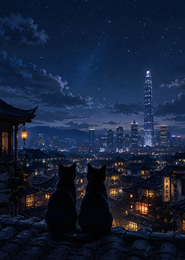 Two Cats Watching City Night Skyline