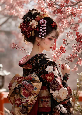 Elegant Woman in Traditional Japanese Kimono
