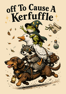 Off To Cause A Kerfuffle | Funny Adventure Animals Vintage Fantasy Wall Art Poster