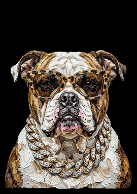 Bulldog Hip Hop Portrait Wall Art | Leopard Sunglasses & Gold Chain Oil Painting