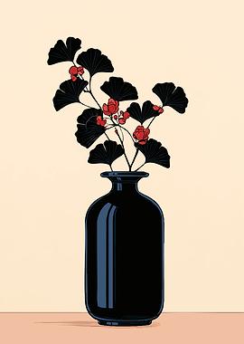 Minimalist Black Vase with Ginkgo Leaves