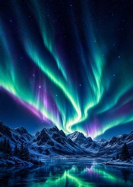 Vibrant Aurora Borealis Over Snowy Mountains