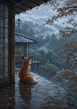 Fox Watching Rain in Japanese Mountains