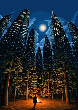 Man by Campfire Beneath City Skyscrapers