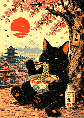 Black Cat Eating Ramen Under Cherry Blossoms