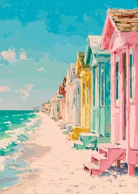 Vibrant Beach Huts Coastal Wall Art Pastel Impressionist Seaside Poster