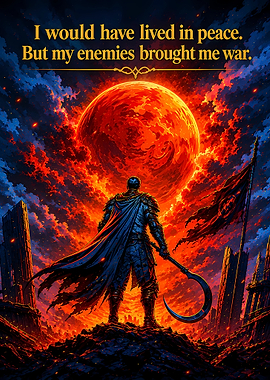 Warrior Standing Before Red Moon