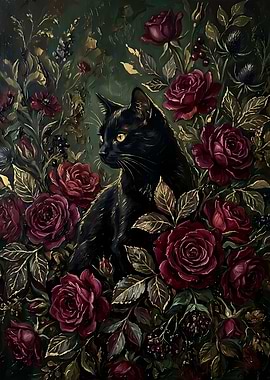 Black Cat Among Dark Red Roses