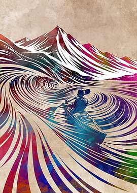Kayaker on Swirling Mountain Waters