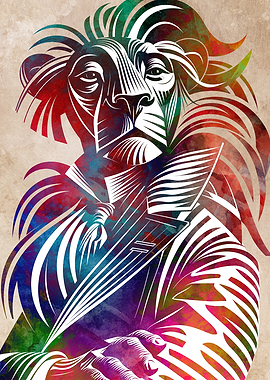Stylized Lion Portrait with Watercolor Accents