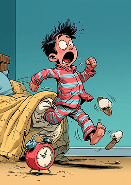 Boy Oversleeping and Running Late