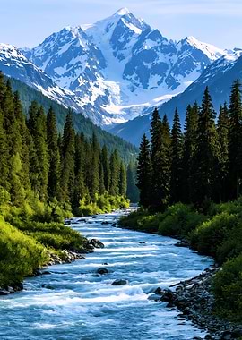Snowy Mountain Peak Above River