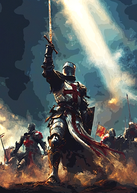 Crusader Knight Raising Sword in Battle