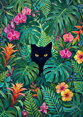 Black Cat Hidden in Tropical Jungle
