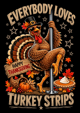 Funny Thanksgiving Turkey Dancing Poster | Pilgrim Hat Autumn Wall Art