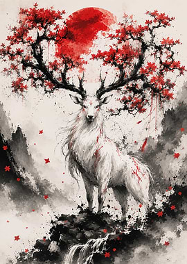 Mystical White Stag with Red Maple
