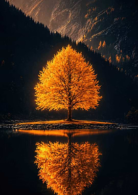 Glowing Golden Tree by the Lake