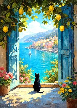 Black Cat Looking at Mediterranean Coast