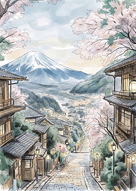 Mount Fuji View from Traditional Street