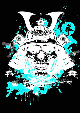 Samurai Skull with Cyan Ink Splatter
