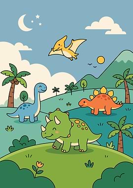 Cute Dinosaur Adventure Poster | Cartoon Dinosaurs in Tropical Prehistoric Landscape
