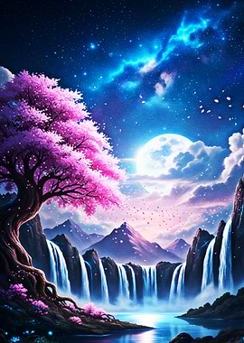 Moonlit Cherry Blossom Waterfall