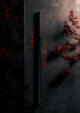 Minimalist Black Katana with Red Blossoms