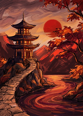 Pagoda at Sunset Landscape