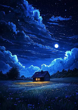Cozy Cabin Under Starry Night Sky