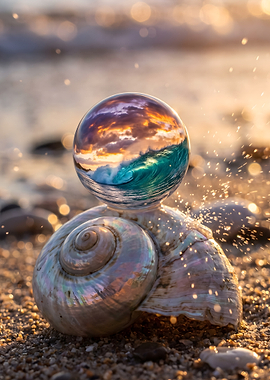 Ocean Wave Reflected in Crystal Sphere