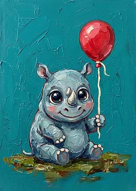 Cute Baby Rhino with Red Balloon