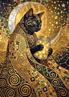 Gustav Klimt Style Black Cat