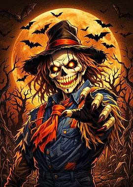 Spooky Halloween Scarecrow Under Full Moon