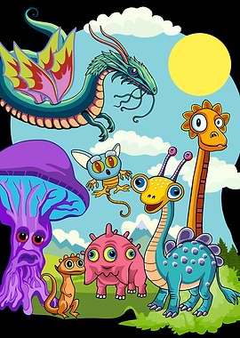 Whimsical Fantasy Creatures Cartoon Scene