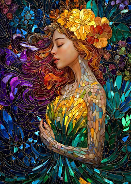 Stained glass woman portrait with purple flowers
