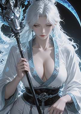 White-Haired Fantasy Warrior with Scythe