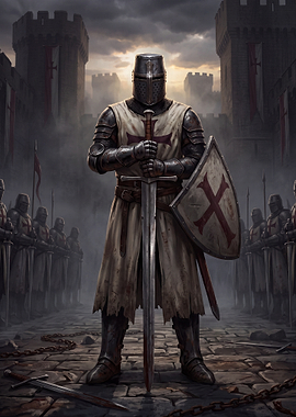 Crusader Knight Standing Before Castle