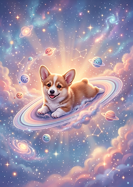 Corgi Puppy Floating on Saturn Rings