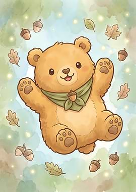 Cute Cartoon Bear with Autumn Leaves