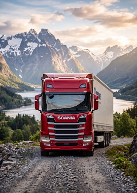 Red Scania Truck in Mountain Landscape