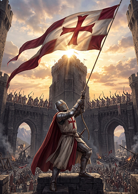 Crusader Knight Raising Flag at Castle