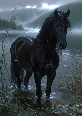 Majestic Black Horse in Misty Lake