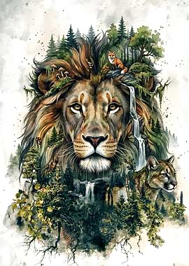 Double Exposure Lion Forest Art