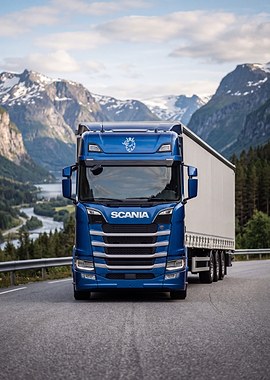 Blue Scania Truck in Mountain Landscape